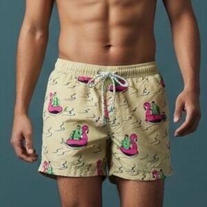 Party Pants Mens Swim‎ Trunks Flamingo Cactus Print Elastic Waist Drawstring XS